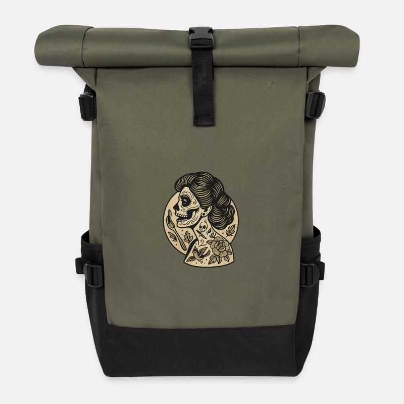 Female Skull - Roll Top Backpack - olive/black