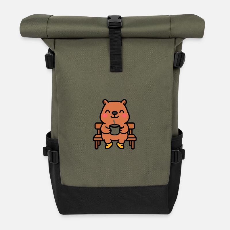Capybara auf einer Kaffeebank - Rolltop Rucksack - Olive/Schwarz