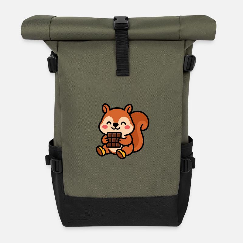 Eichhörnchen mit Schokoriegel - Rolltop Rucksack - Olive/Schwarz