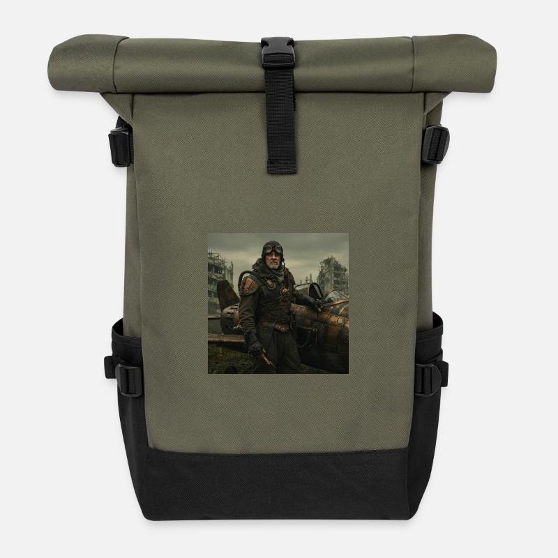 Steampunk-Pilot auf postapokalyptischen Ruinen - Rolltop Rucksack - Olive/Schwarz