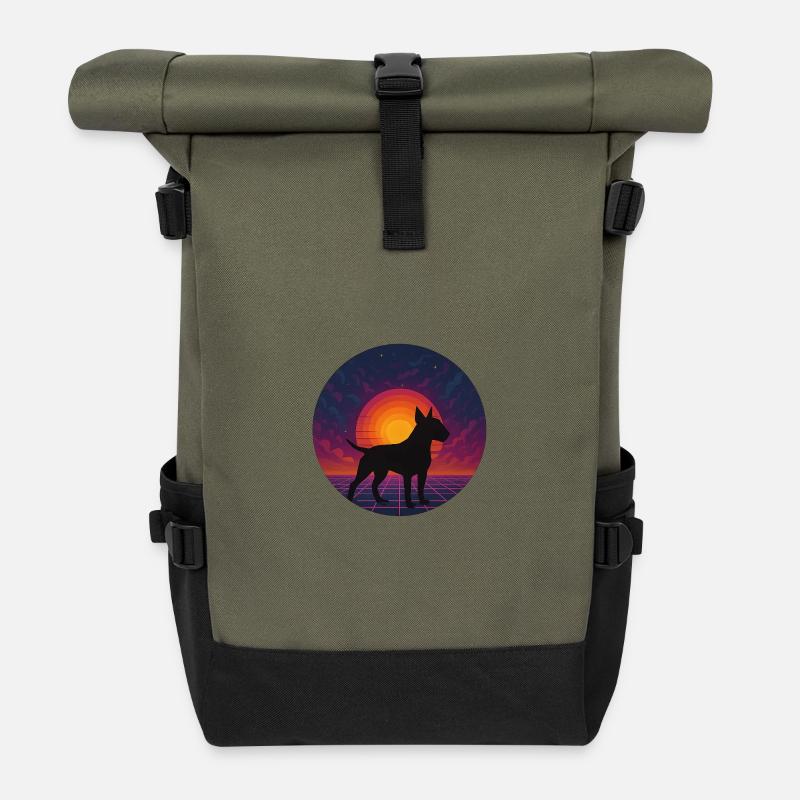 Neon-Sonnenuntergangs-Hund-Silhouette - Rolltop Rucksack - Olive/Schwarz