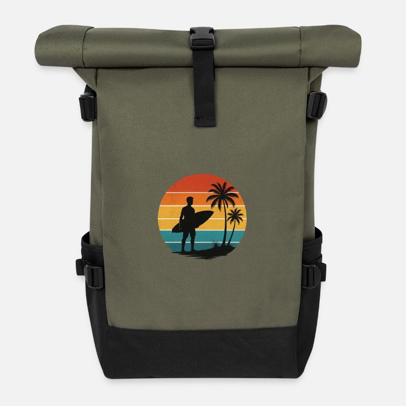 Silhouette rétro de surfeur sur la plage - Sac à dos roll top - olive/noir