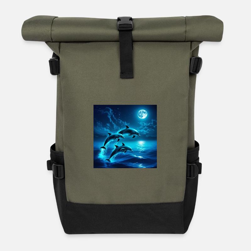 Moonlit Night Dolphin Jumps - Roll Top Backpack - olive/black