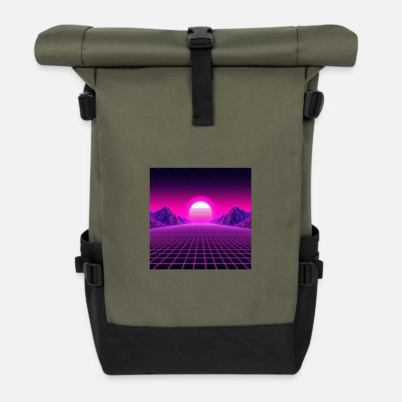 Neon Horizon Retrogrid Sunrise - Roll Top Backpack - olive/black