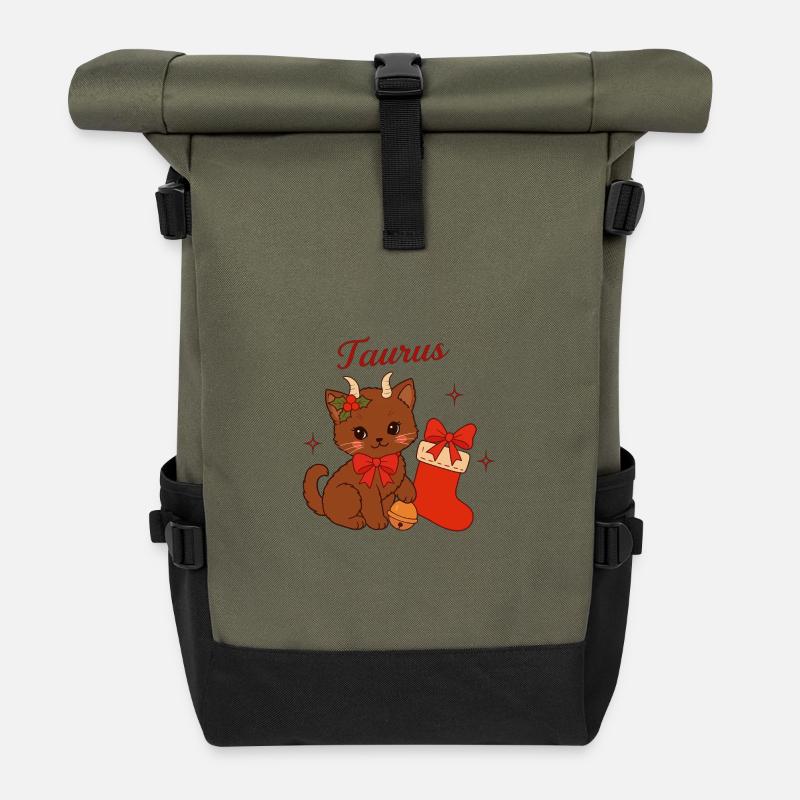 Taurus Cat Christmas: Cute Bull Cat - Roll Top Backpack - olive/black