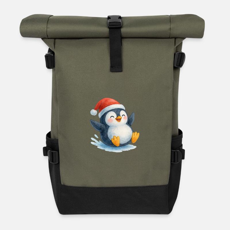 Le Pingouin de Noël dans le style aquarelle - Sac à dos roll top - olive/noir
