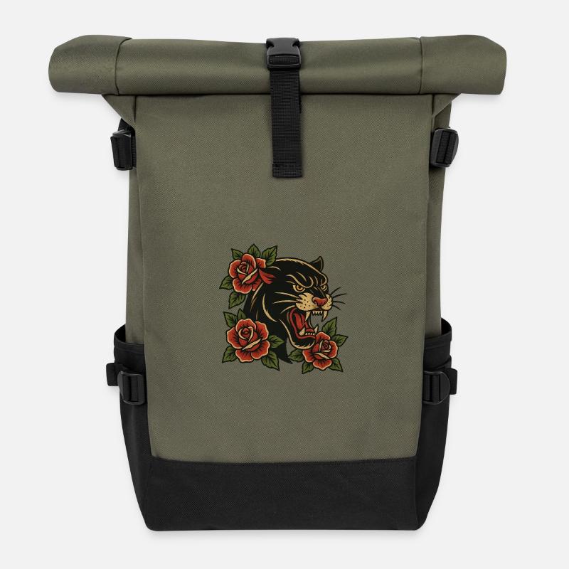 Tiger mit Rosen - Rolltop Rucksack - Olive/Schwarz