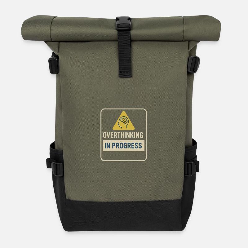 Overthinking in Progress Badge - Roll Top Backpack - olive/black
