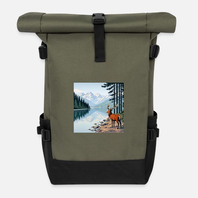 Hirsch am Bergsee - Rolltop Rucksack - Olive/Schwarz