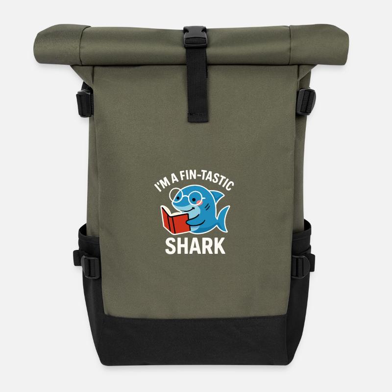 Fin-Tastic Shark liest Buch - Rolltop Rucksack - Olive/Schwarz