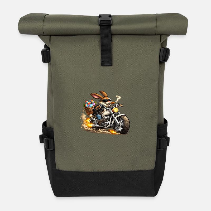 Osterhäschen auf Motorrad - Rolltop Rucksack - Olive/Schwarz