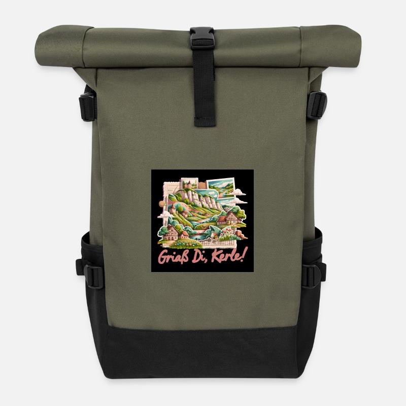 Landschaftsidylle Dorfcollage - Rolltop Rucksack - Olive/Schwarz