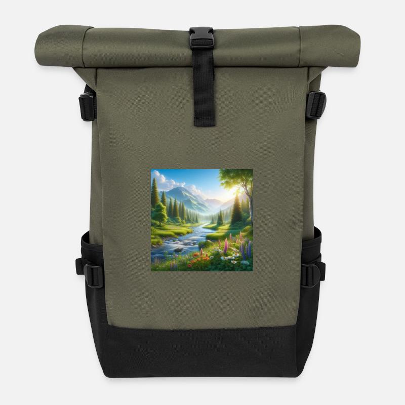 Fjälldalens Frühlingsblumenfluss - Rolltop Rucksack - Olive/Schwarz