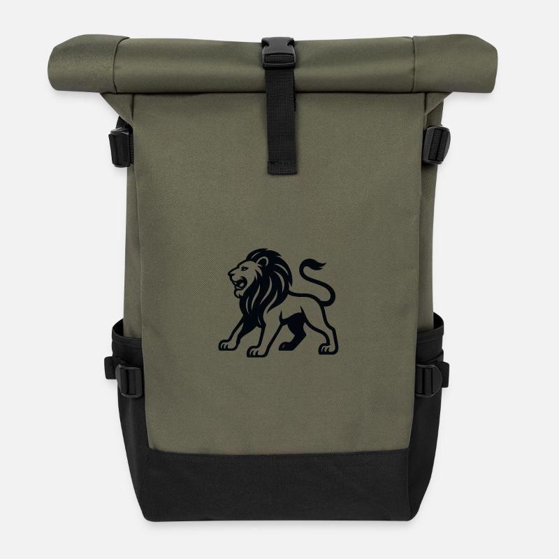 Löwen-Silhouette: kraftvolle Monochrom - Rolltop Rucksack - Olive/Schwarz