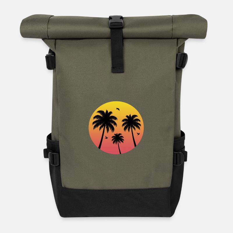 Sunset Palm Tree Beach - Rolltop Rucksack - Olive/Schwarz