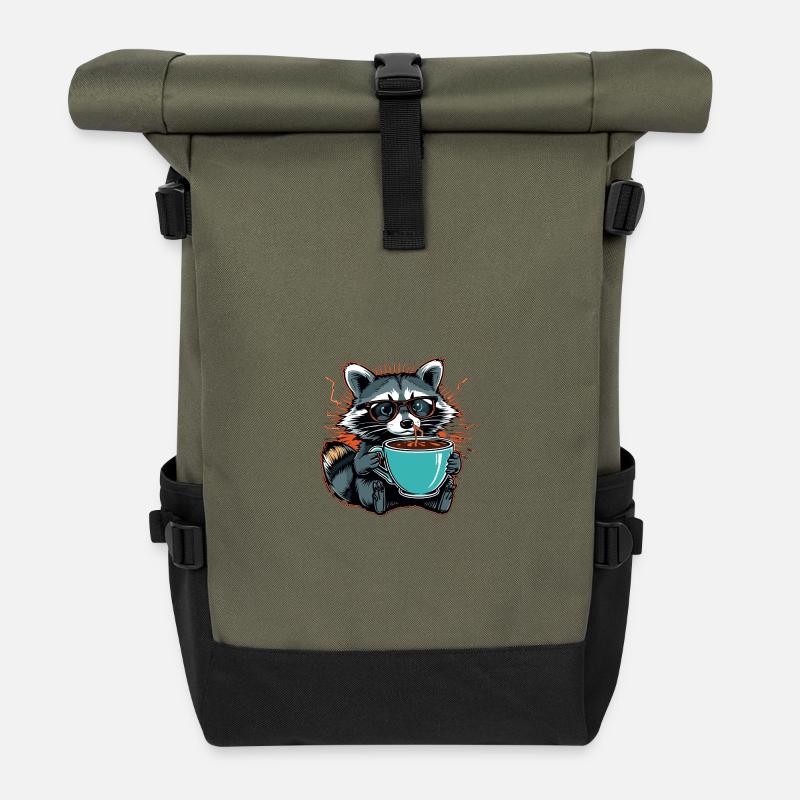 Überforderter Waschbär mit Kaffee - Rolltop Rucksack - Olive/Schwarz