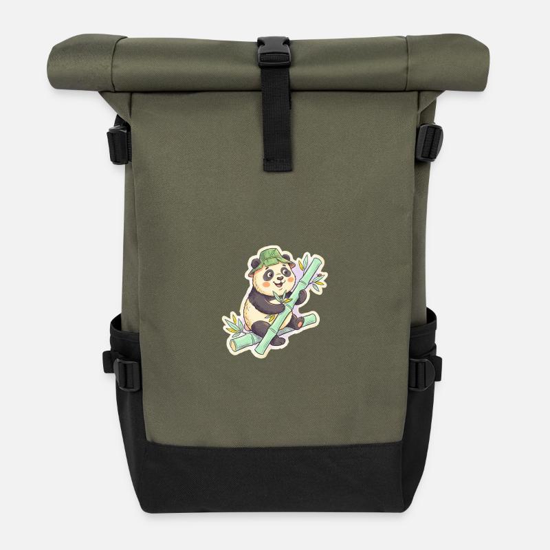 Panda auf Bambuspfad - Rolltop Rucksack - Olive/Schwarz
