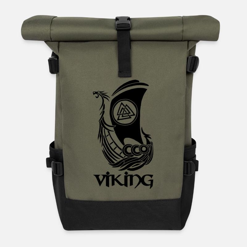 Wikingersymbol eines schwarzen Drakkar - Rolltop Rucksack - Olive/Schwarz