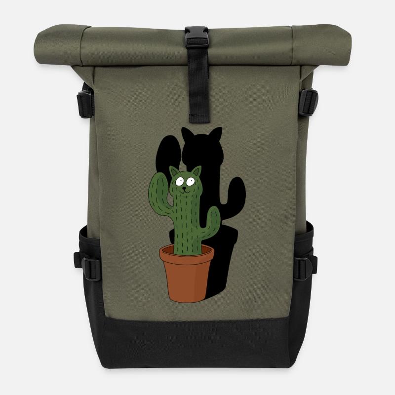 Cat as cactus in flower pot with shadow - Roll Top Backpack - olive/black