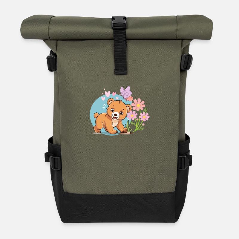 Cute and friendly brown bear - Roll Top Backpack - olive/black