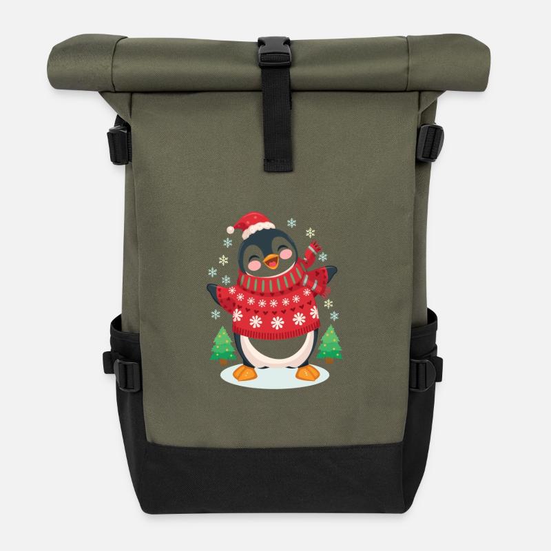 Festlicher Pinguin in rotem Strick - Rolltop Rucksack - Olive/Schwarz