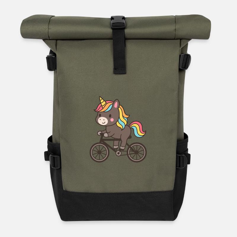 Regenbogen Einhorn auf Fahrrad - Rolltop Rucksack - Olive/Schwarz