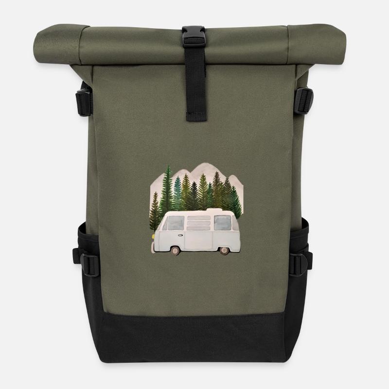 Camper Campingbus vor Bergen - Rolltop Rucksack - Olive/Schwarz
