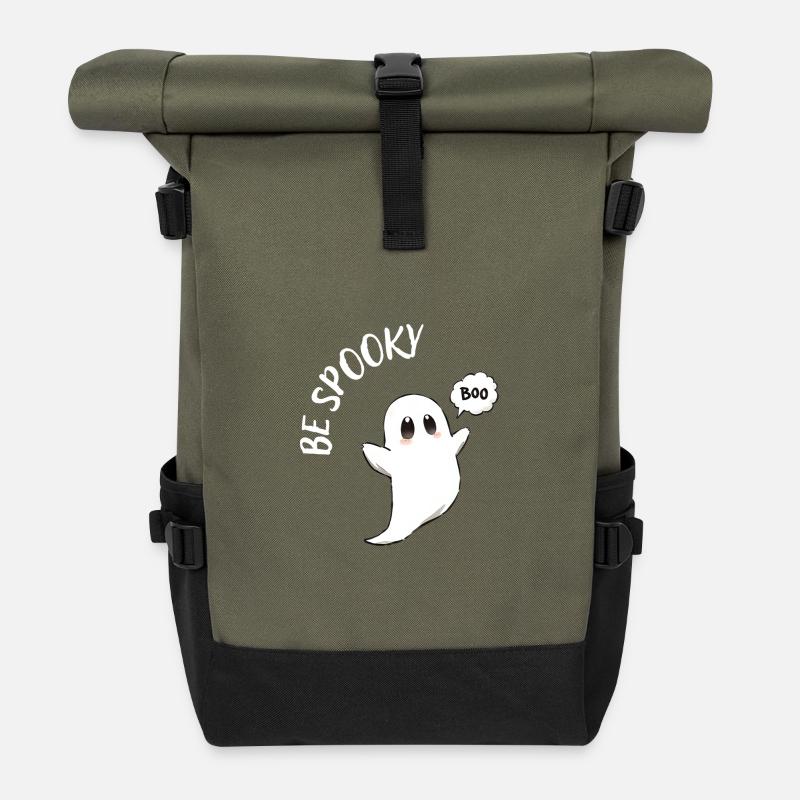 Haunted Ghost Boo Motif - Roll Top Backpack - olive/black