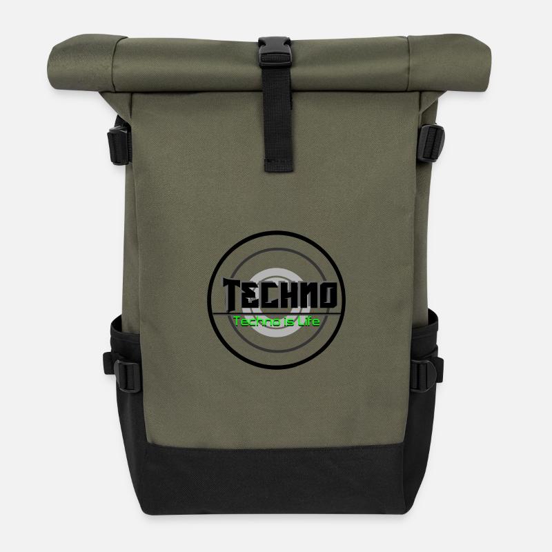 Techno Is Life Neon Logo - Rolltop Rucksack - Olive/Schwarz