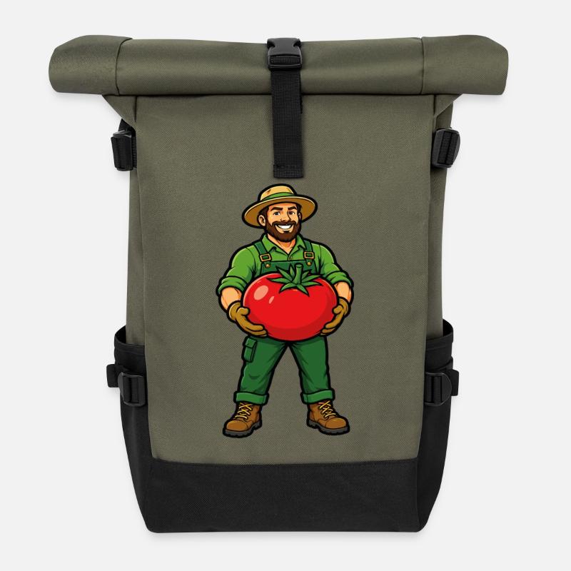 Gardener with giant tomato from the vegetable garden - Roll Top Backpack - olive/black