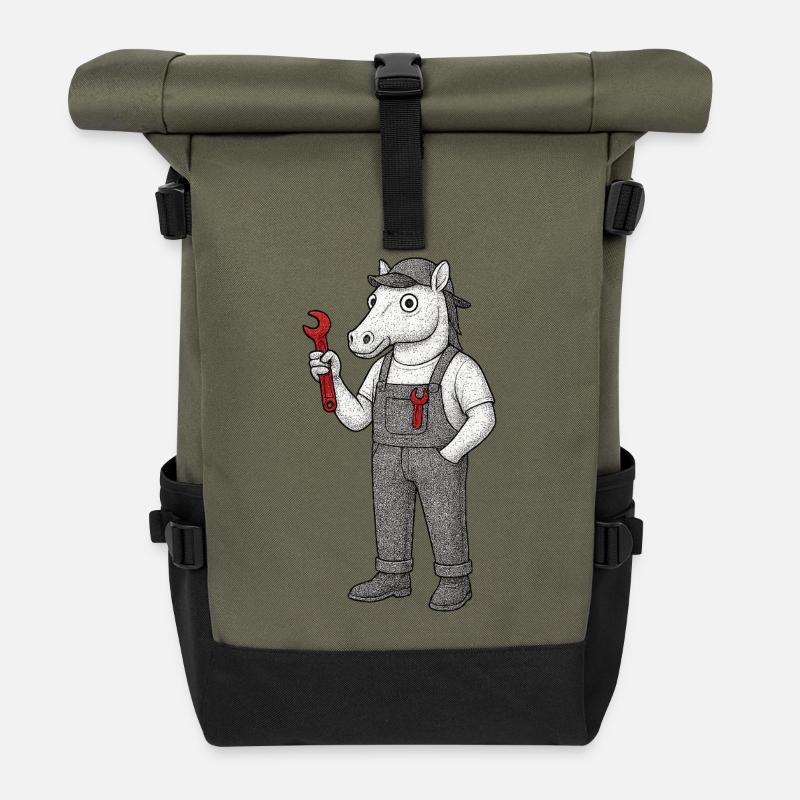 Pferdemechaniker mit Schraubenschlüssel - Rolltop Rucksack - Olive/Schwarz