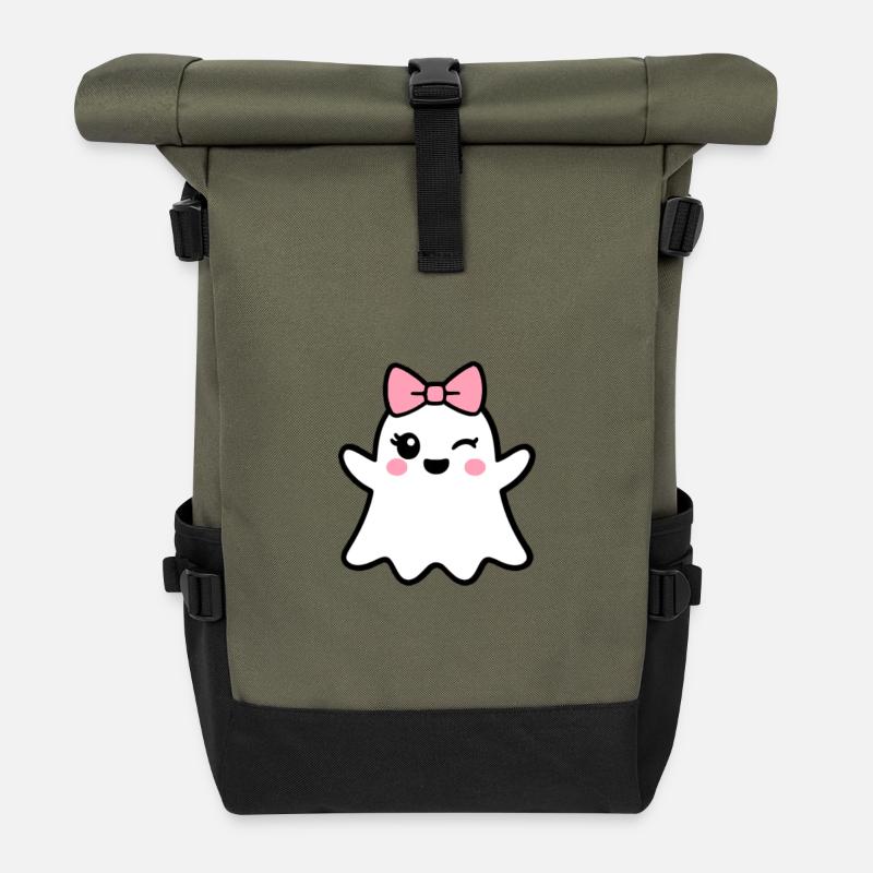 Kawaii Ghost with Pink Bow - Roll Top Backpack - olive/black