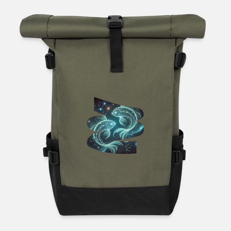 Fisch-T-Shirt, Sternenzeichen Konstellation - Rolltop Rucksack - Olive/Schwarz