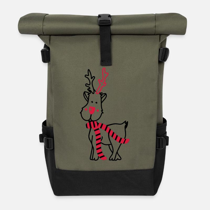 Rentier mit Schal - Rolltop Rucksack - Olive/Schwarz