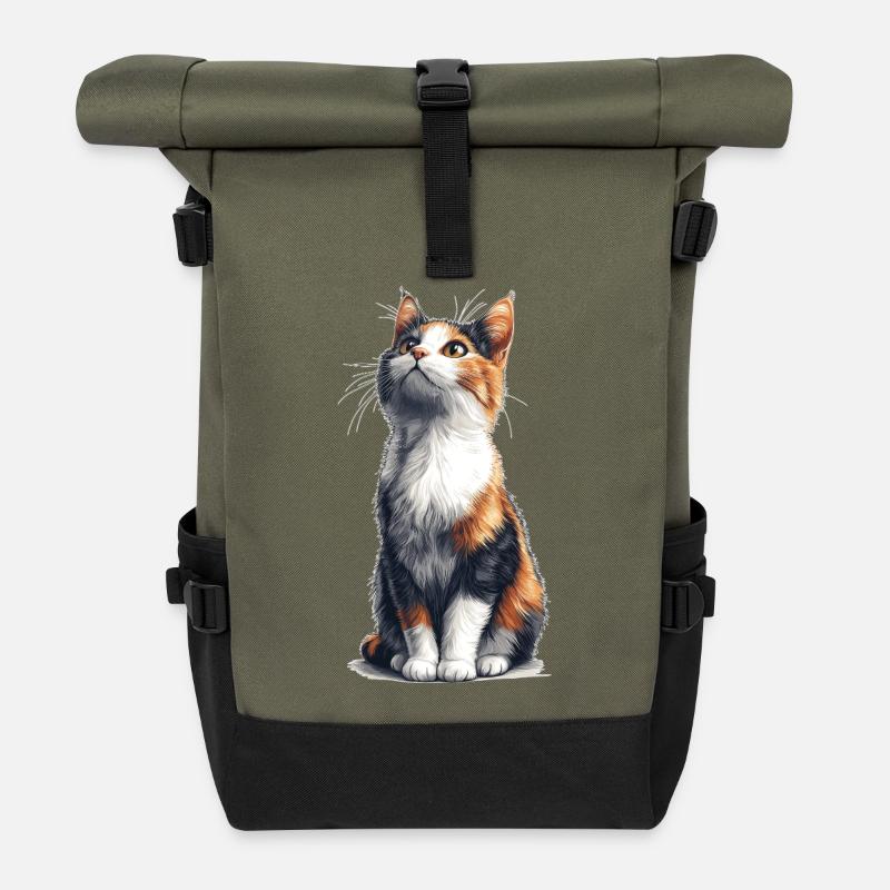 Bunte sitzende Comic Katze - Rolltop Rucksack - Olive/Schwarz