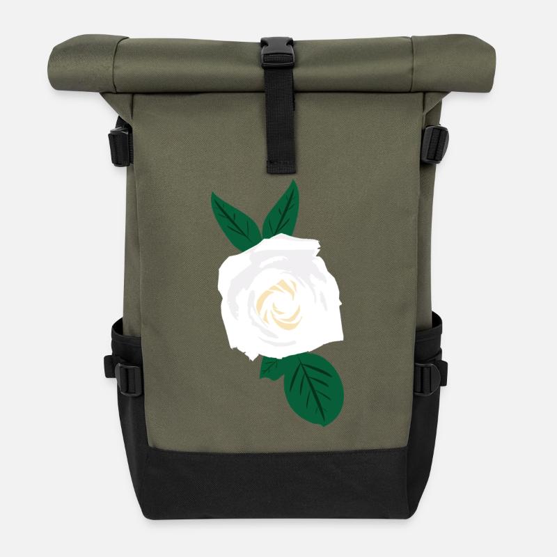 Rose blanche à feuilles vertes - Sac à dos roll top - olive/noir