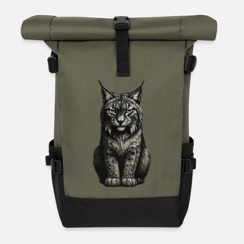 Black and White Cat Portrait - Roll Top Backpack - olive/black