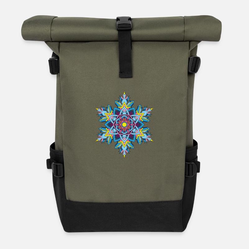 Snowflakes Mandala - Roll Top Backpack - olive/black