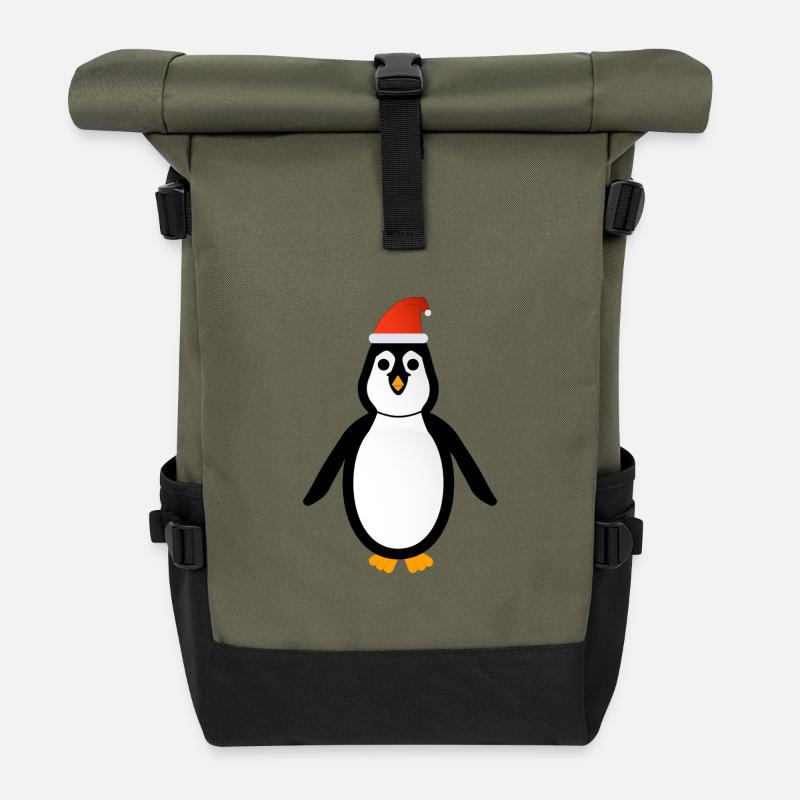 Penguin with Santa Claus hat- Penguin Xmas - Roll Top Backpack - olive/black