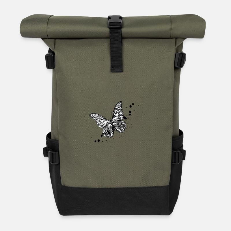 Schmetterling Illustration - Rolltop Rucksack - Olive/Schwarz