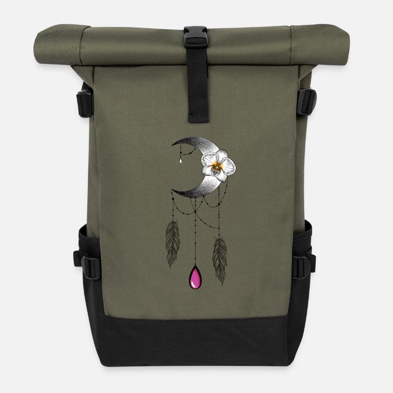 Moon Orchid Feather and Pearl Type Dream Catcher - Roll Top Backpack - olive/black