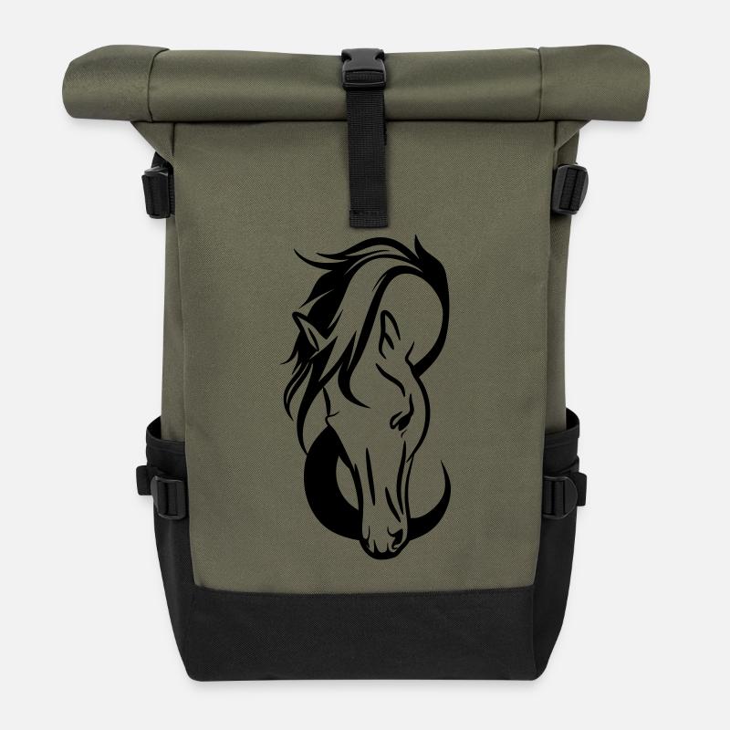 Pferdekopf Line Art Motiv - Rolltop Rucksack - Olive/Schwarz