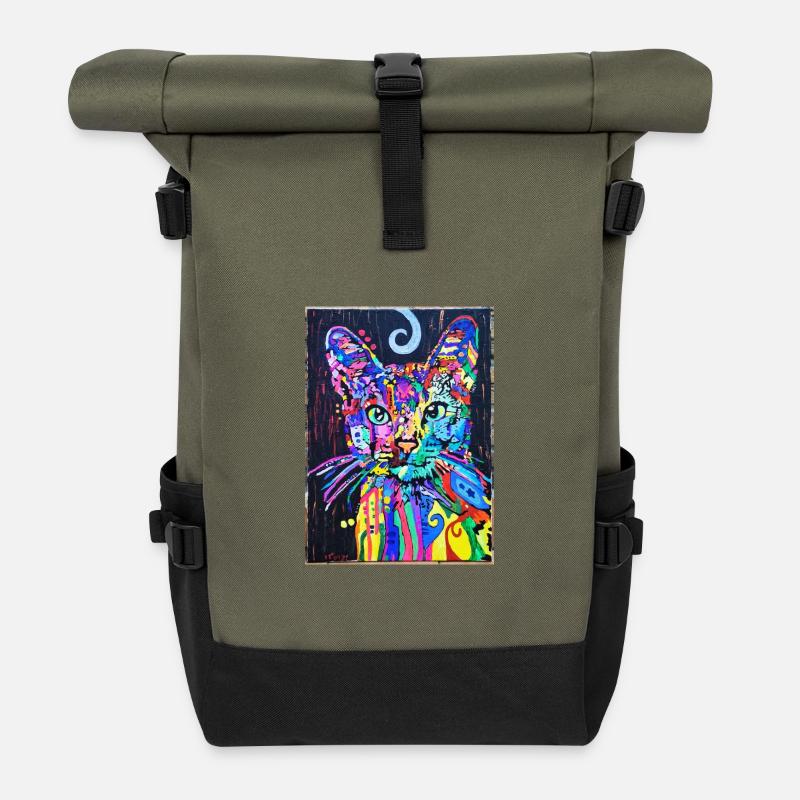 Portrait de chat au design psychédélique Pop Art - Sac à dos roll top - olive/noir