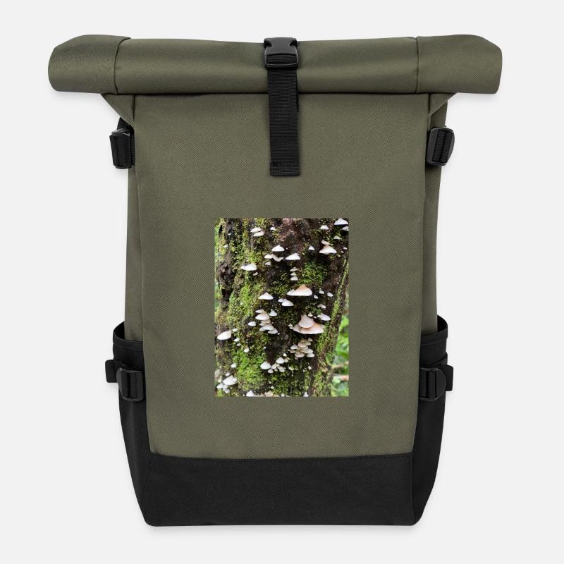 Moss-covered mushroom colony on the tree - Roll Top Backpack - olive/black
