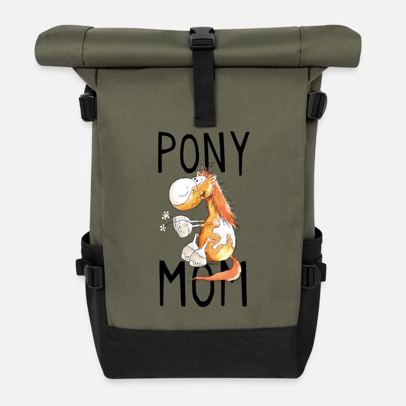 Pony Mom - Ponys - Pferd - Pferde - Fuchs - Comic - Rolltop Rucksack - Olive/Schwarz