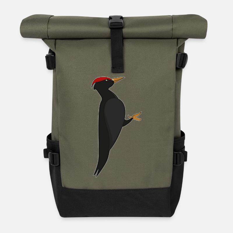 Schwarzspecht Grafik – Modernes Vogel Portrait - Rolltop Rucksack - Olive/Schwarz