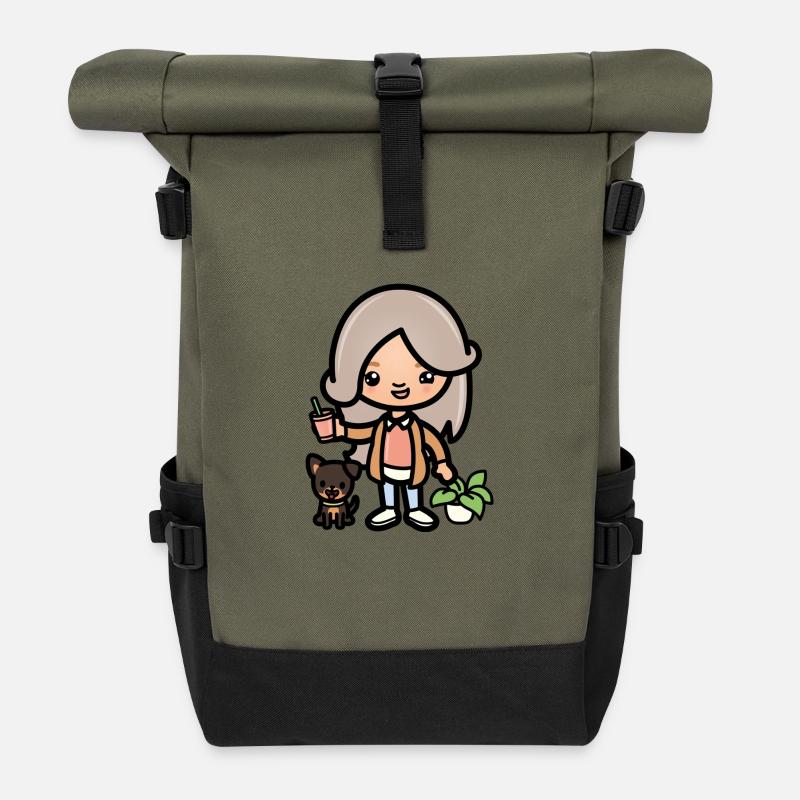 Süßes Toca-Mädchen - Ästhetischer Spielcharakter und Hund - Rolltop Rucksack - Olive/Schwarz