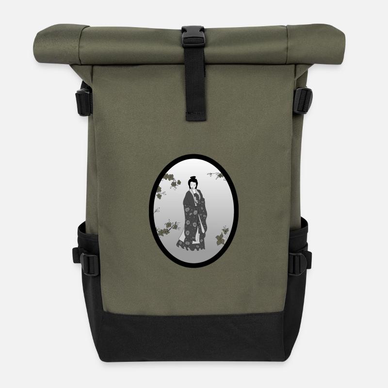 chine_fleurs_transparentes - Rolltop Rucksack - Olive/Schwarz