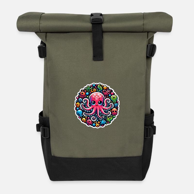 Krake Octopus Fische - Rolltop Rucksack - Olive/Schwarz