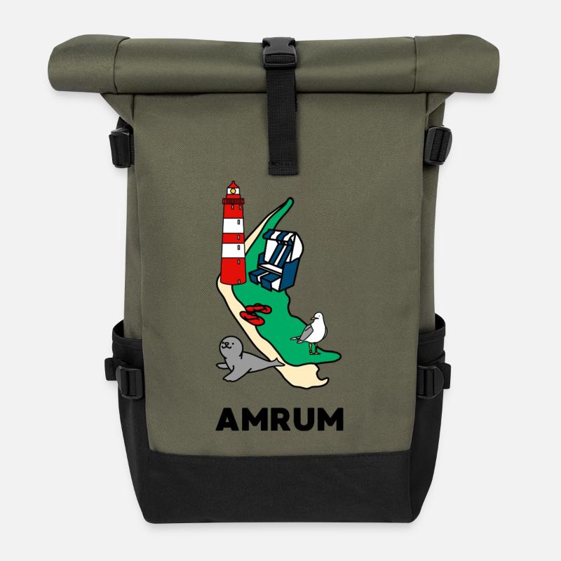 Amrum Nordsee Insel  - Rolltop Rucksack - Olive/Schwarz